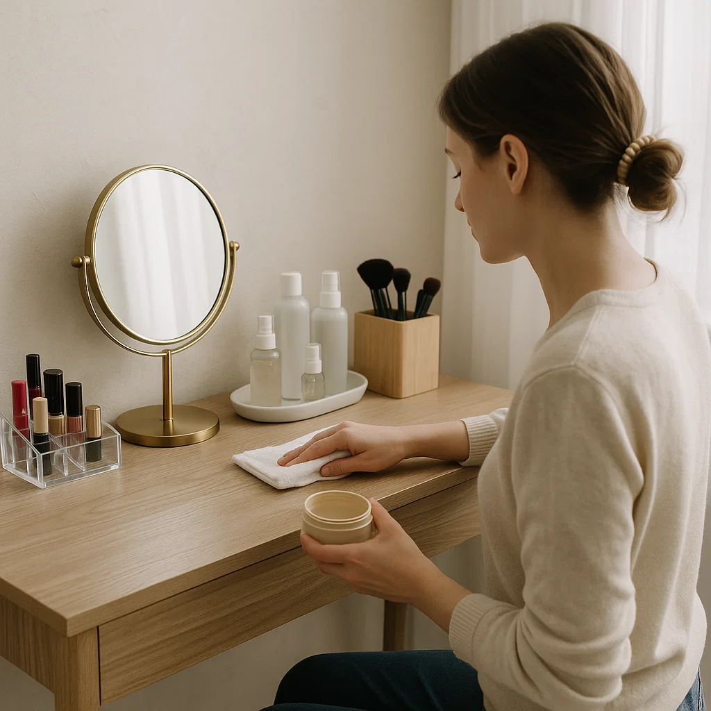 Femme nettoyant une coiffeuse avec des flacons de produits de soin, des pinceaux de maquillage et des vernis à ongles soigneusement rangés.