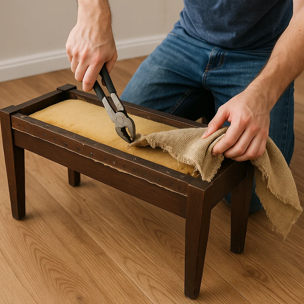 Mains découpant le revêtement en vinyle usé d'un coussin de banc avec une cisaille.