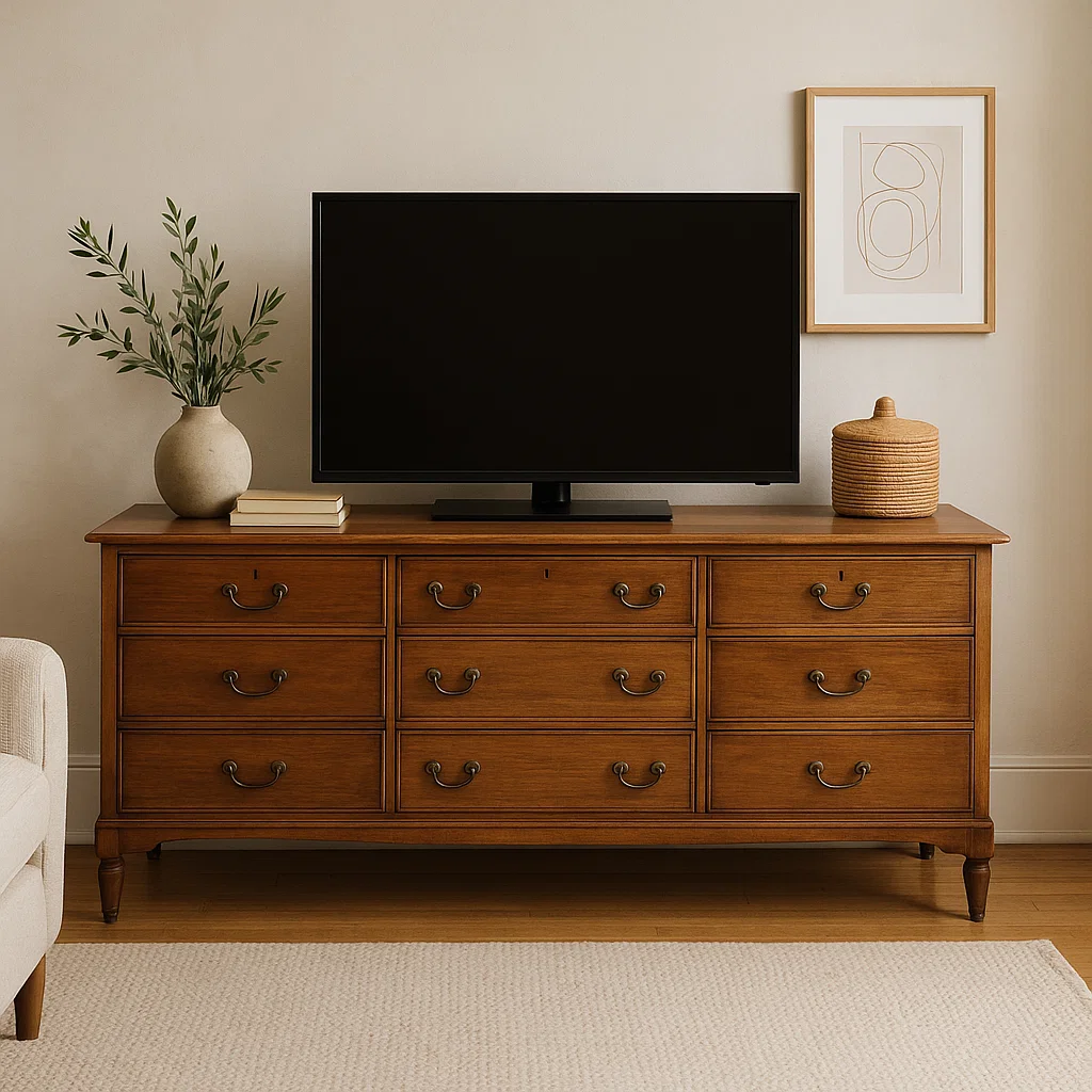 Commode vintage utilisée comme meuble télé avec des poignées en laiton et une finition en bois traditionnelle dans une pièce classique.