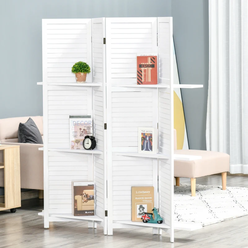 Séparateur de pièce en panneaux de bois blanc avec plusieurs étagères pour livres et objets décoratifs.