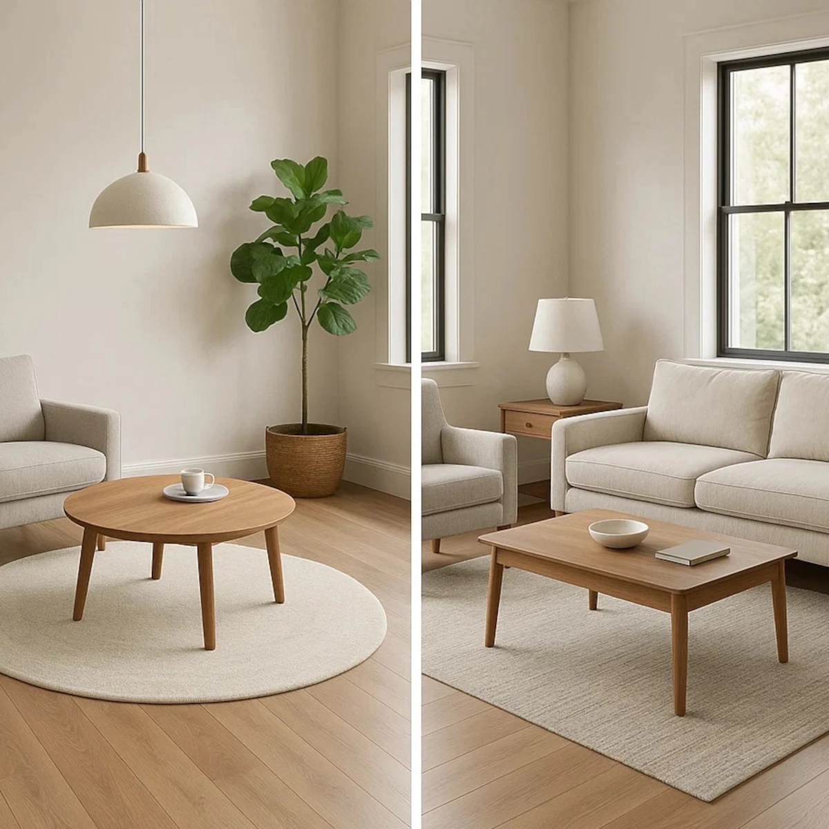 Vue partagée de tapis ronds et rectangulaires sous des tables basses dans des salons minimalistes.