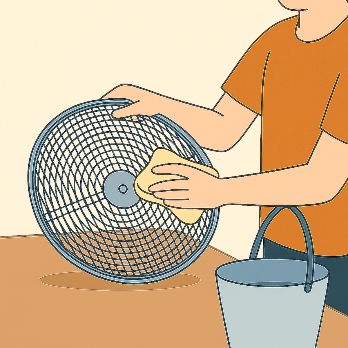 Essuyant la grille du ventilateur avec un chiffon à côté d'un seau d'eau.