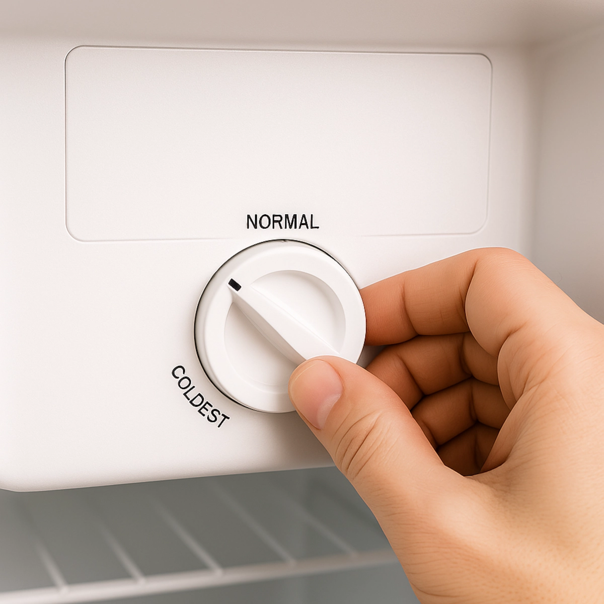 Main ajustant le thermostat d'un mini-frigo sur le réglage normal.