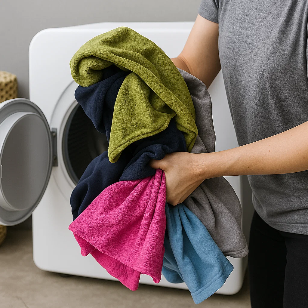 Personne tenant du linge fraîchement lavé devant un sèche-linge, se préparant à le charger correctement.
