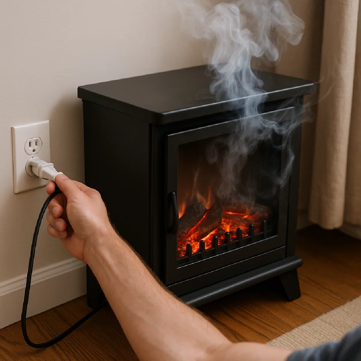 Main débranchant une cheminée électrique émettant de la fumée en raison d'une surchauffe ou d'un dysfonctionnement.