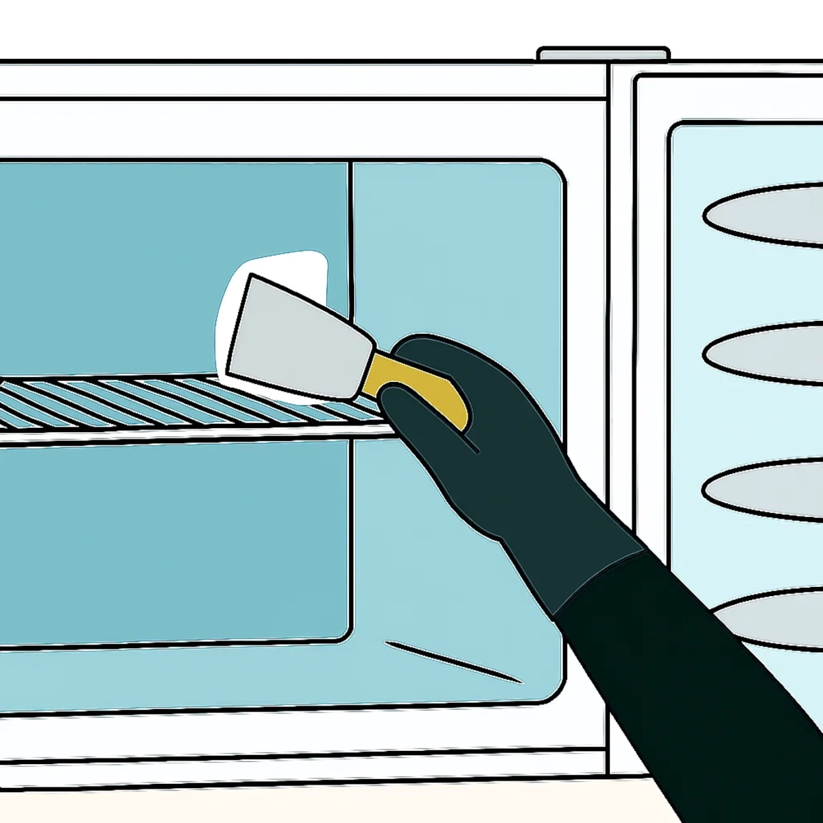 Main appliquant du mastic avec une spatule à l'intérieur d'un mini-frigo.
