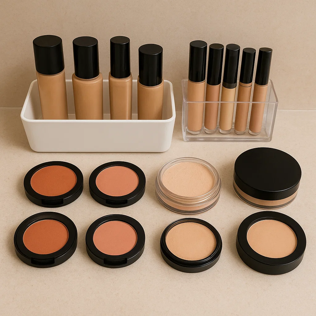 Coiffeuse élégante avec un miroir lumineux, des organisateurs de maquillage et un éclairage décoratif dans une chambre douillette.