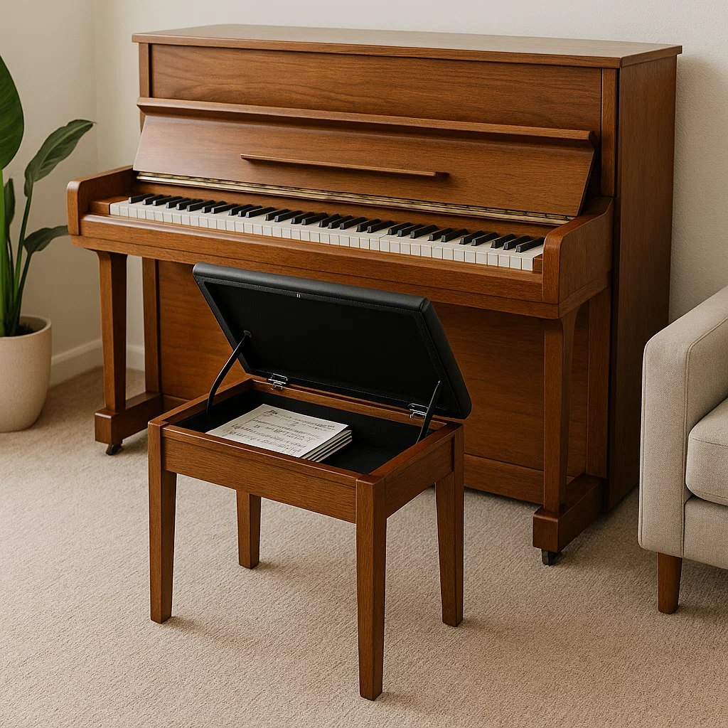 Banc de piano marron avec compartiment de rangement ouvert sous un piano droit.