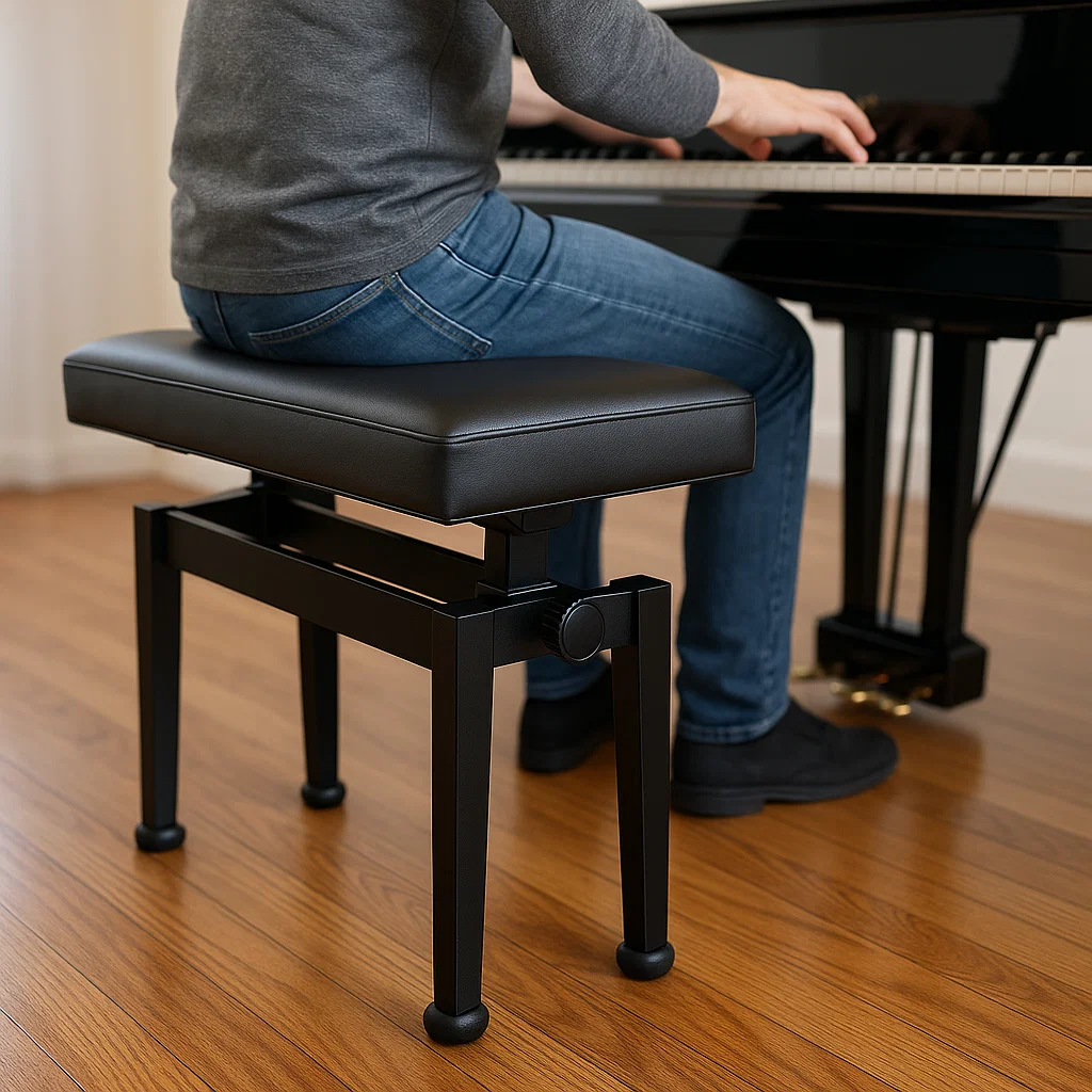 Banquette de piano à cadre en métal noir, avec pieds robustes et réglables et assise.