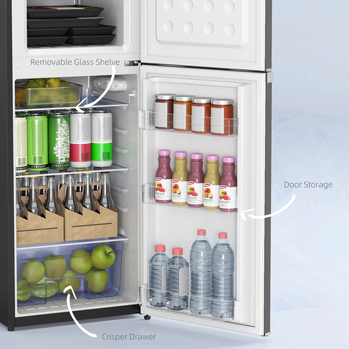 Agencement intérieur d'un mini-frigo montrant des clayettes réglables, un bac à légumes et un rangement efficace pour les bouteilles.