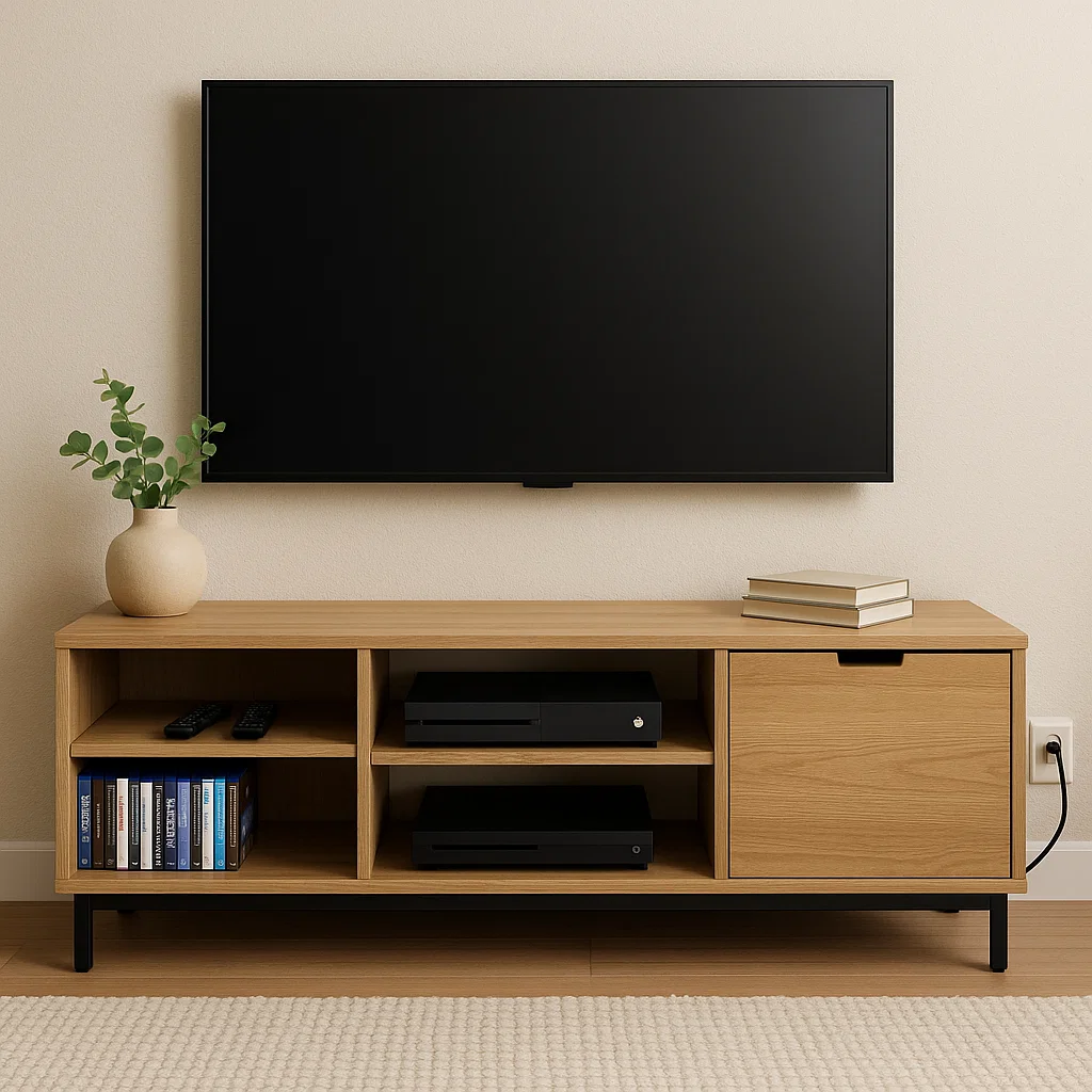 Téléviseur mural au-dessus d'un meuble TV épuré, mettant en valeur un rangement de salon efficace et organisé.