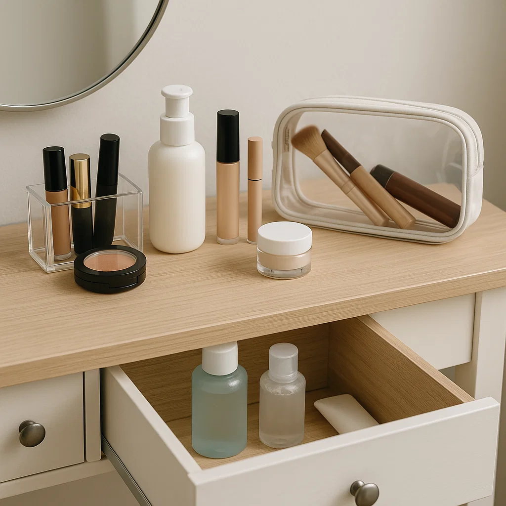 Coiffeuse avec un tiroir ouvert montrant des flacons de produits de soin, du maquillage et des pinceaux dans une trousse transparente.