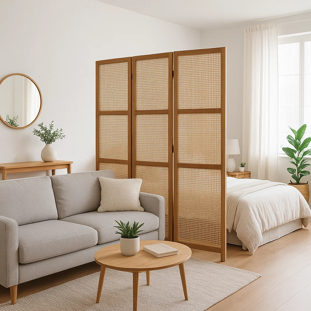 Un paravent tressé arqué complète un décor aux tons doux dans un studio moderne baigné de lumière naturelle.