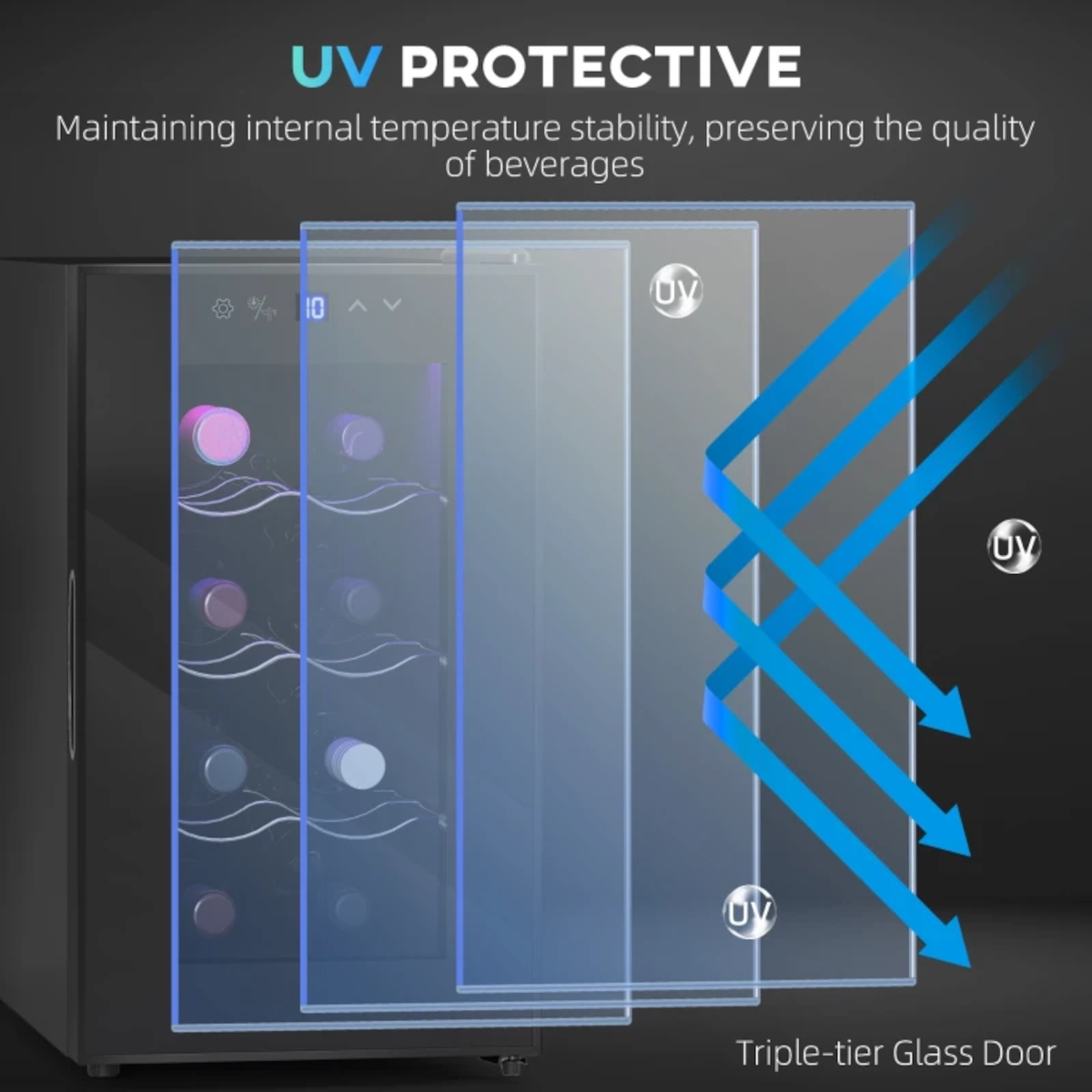 Porte à triple vitrage anti-UV pour réfrigérateur à boissons avec flèches directionnelles bleues