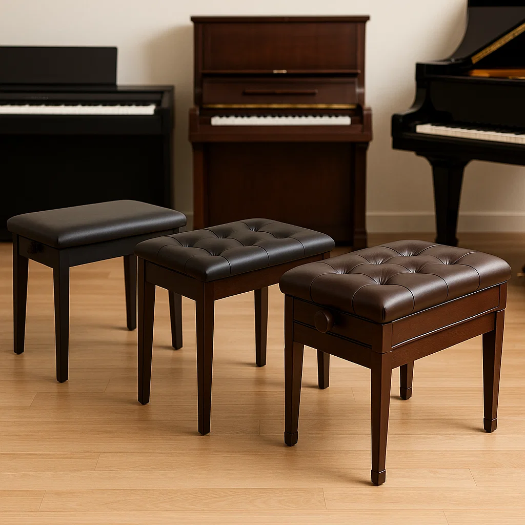 Trois bancs de piano capitonnés de finitions variées, exposés devant des pianos.