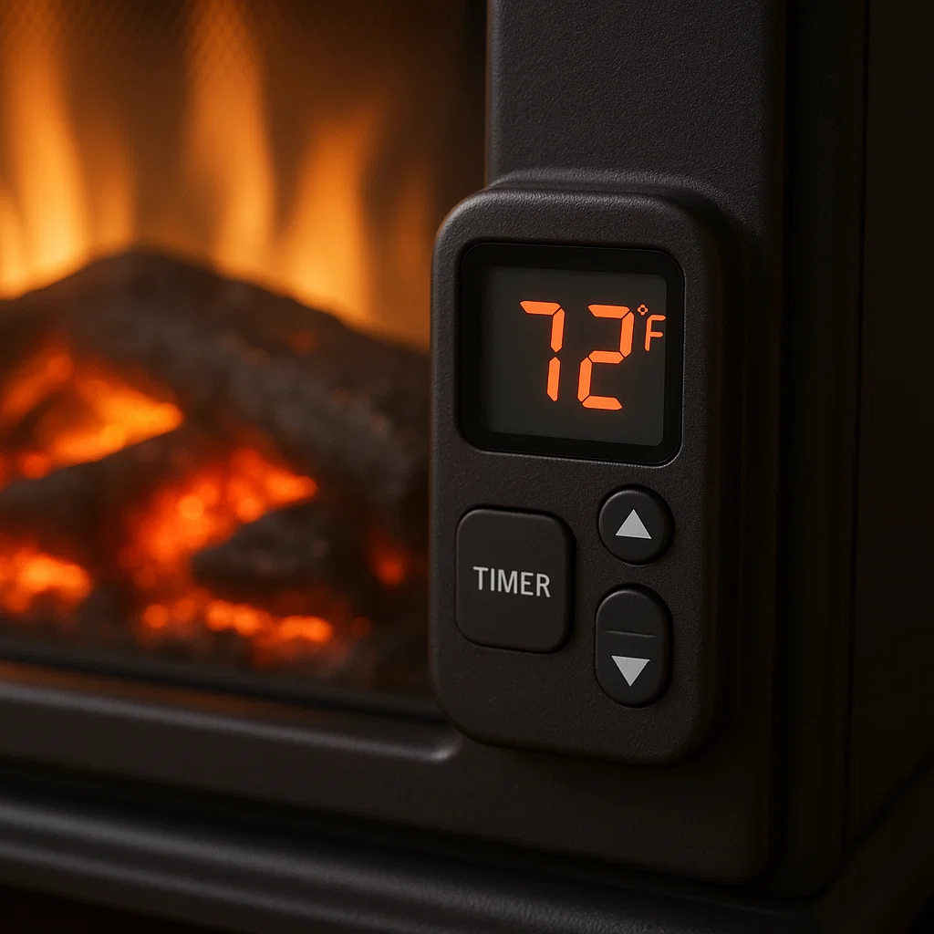 Écran du thermostat numérique d'un foyer électrique indiquant le réglage de la température et les commandes de la minuterie intégrée.