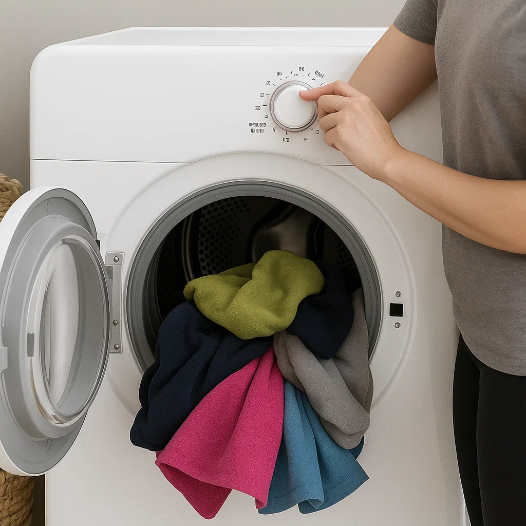Personne réglant le bouton de la durée de séchage sur un sèche-linge électrique blanc et compact.