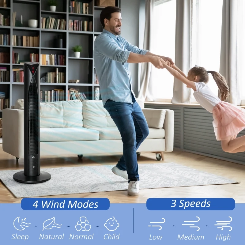 Père et fille jouant près d'un ventilateur colonne avec des icônes de modes.