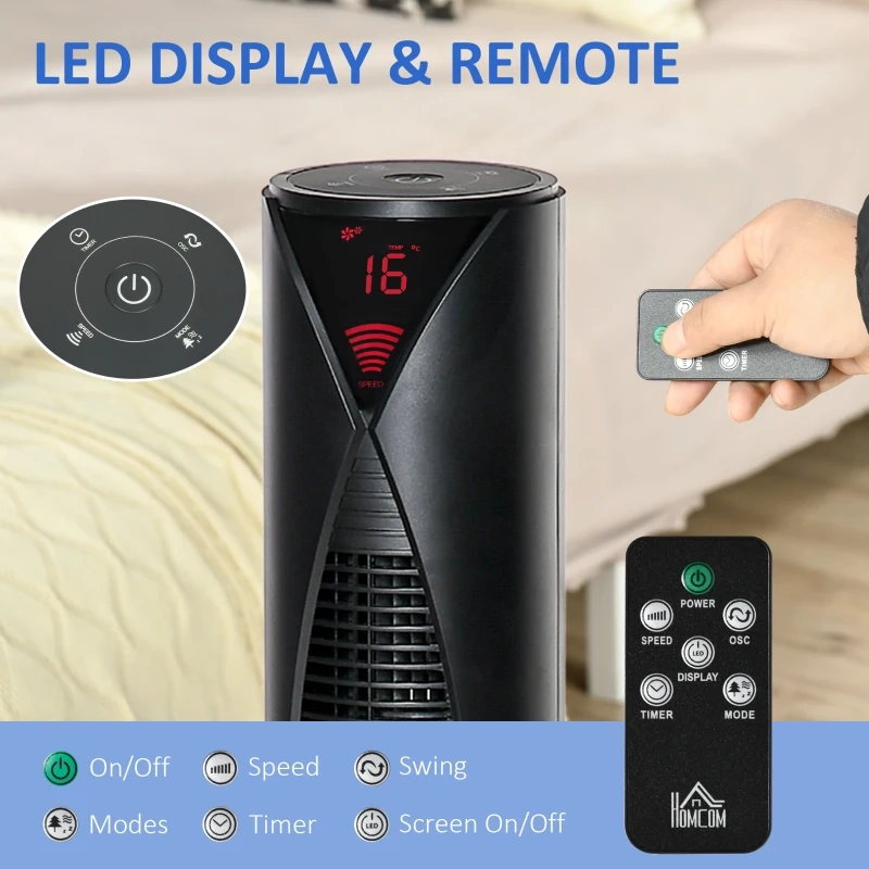 Gros plan de l'écran LED d'un ventilateur colonne avec télécommande.