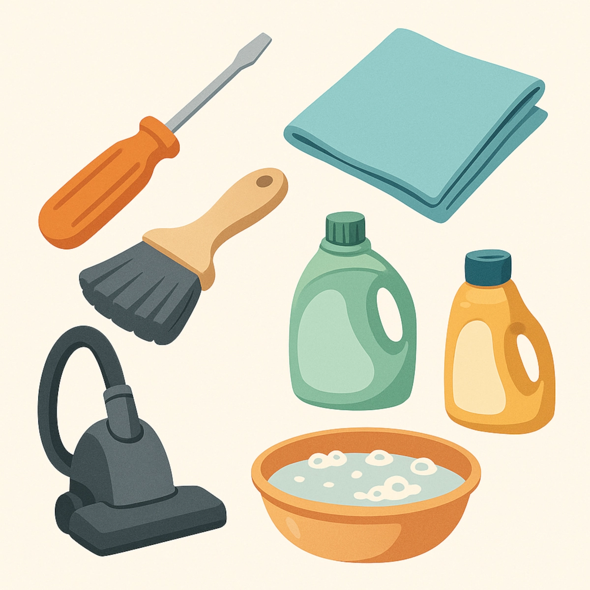 Outils de nettoyage, y compris aspirateur, brosse, savon, chiffon.