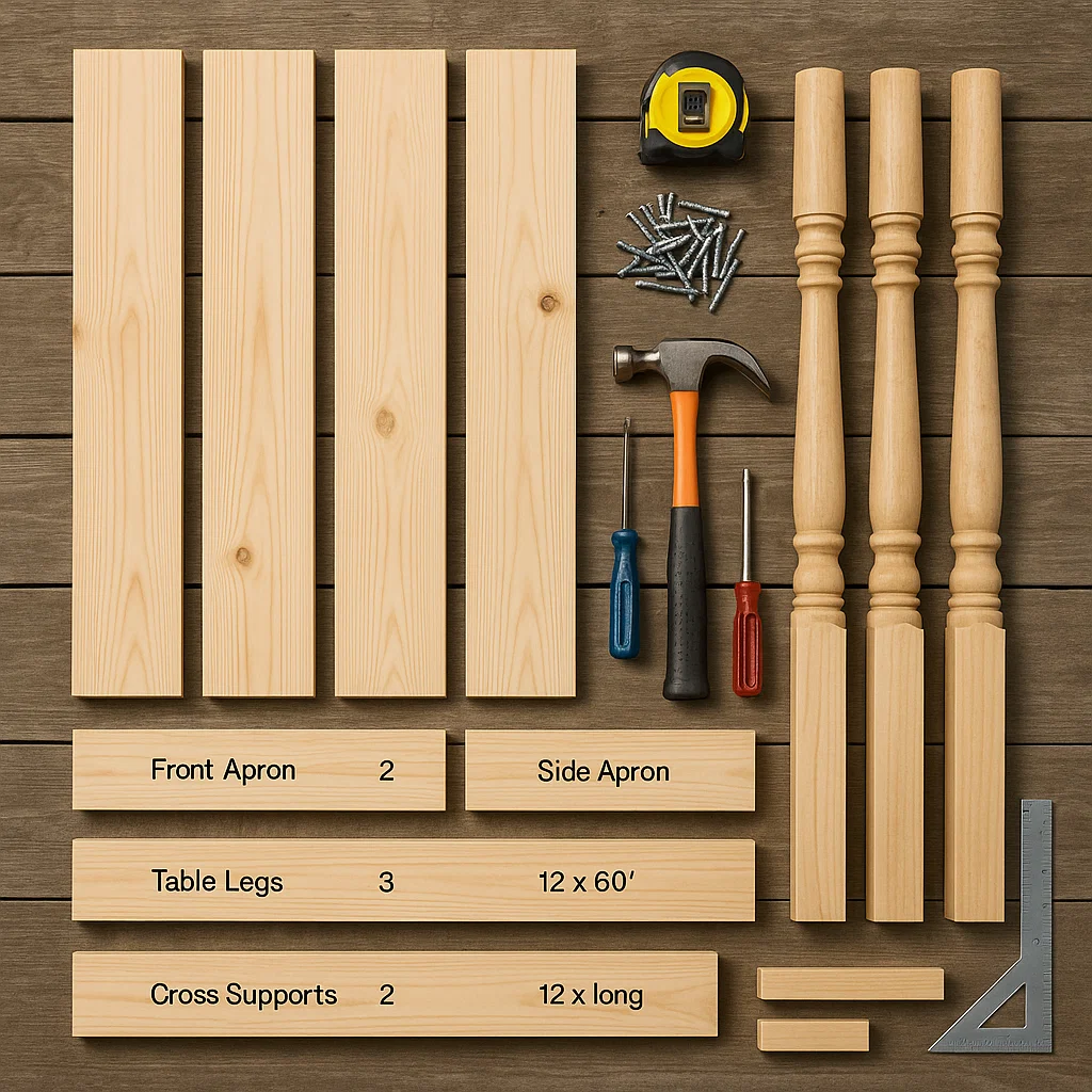 Matériel et outils pour la table console, soigneusement disposés sur l'établi.