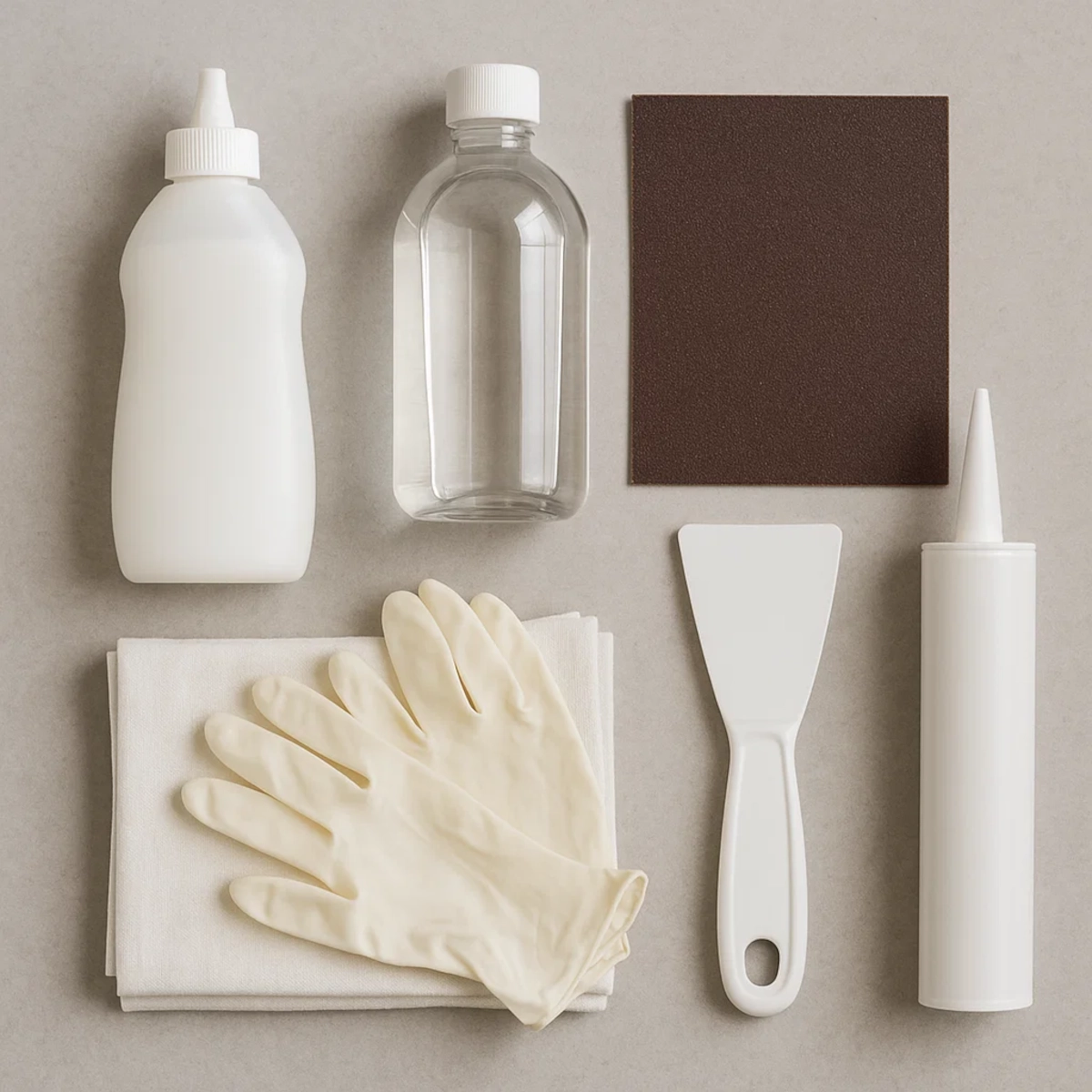 Outils de réparation incluant des gants, un grattoir, du mastic, du papier de verre et de l'alcool.