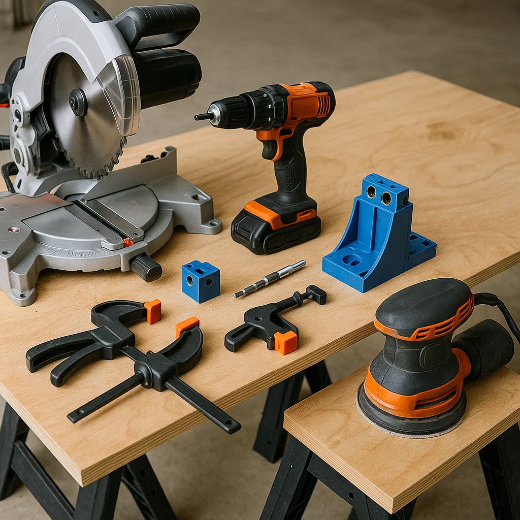 Outils de menuiserie assortis comprenant une scie, une perceuse, une ponceuse, des serre-joints et un gabarit pour trous de poche sur un établi.