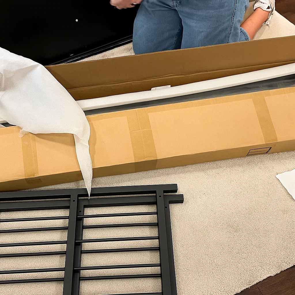 Personne qui déballe et arrange les pièces d'une table console sur un tapis.