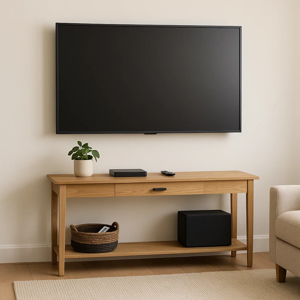Sous un téléviseur mural, une console épurée pour un espace multimédia organisé.