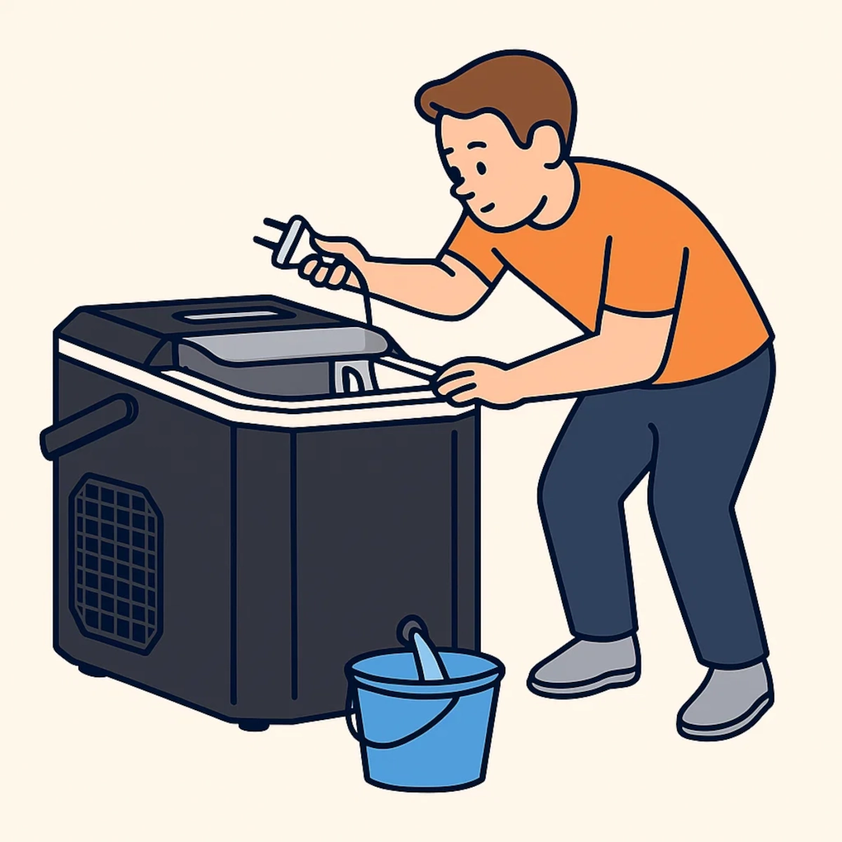 Personne qui débranche et vidange une machine à glaçons portable dans un seau avant de la nettoyer.