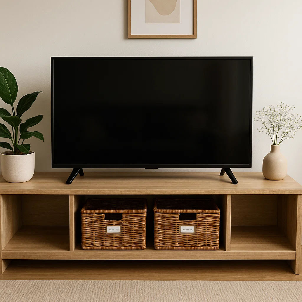 Meuble TV en bois clair avec des niches de rangement et deux paniers en osier pour un rangement dissimulé et organisé.