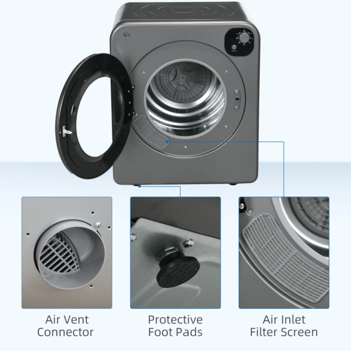 Sèche-linge ouvert montrant le raccord d'évacuation, les patins de protection et la grille du filtre d'entrée d'air.