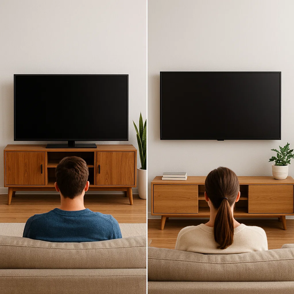 Deux personnes assises sur un canapé, comparant le confort entre une télé sur un meuble et une fixée au mur.