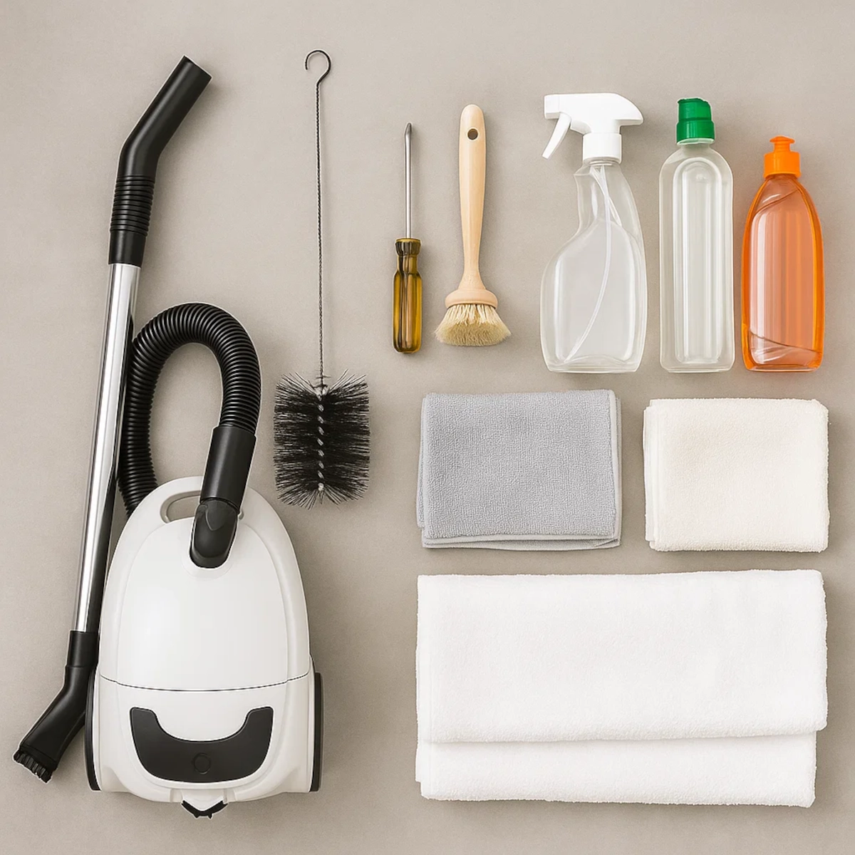 Outils et produits de nettoyage soigneusement rangés sur une surface.