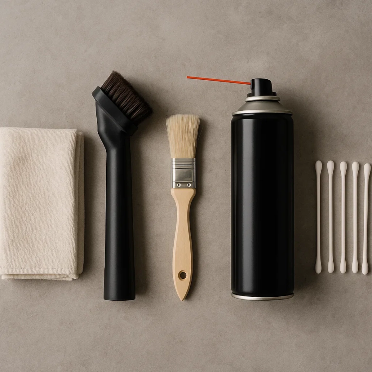 Outils de nettoyage pour chauffage d'appoint : chiffon, brosse d'aspirateur, pinceau, air comprimé et cotons-tiges.