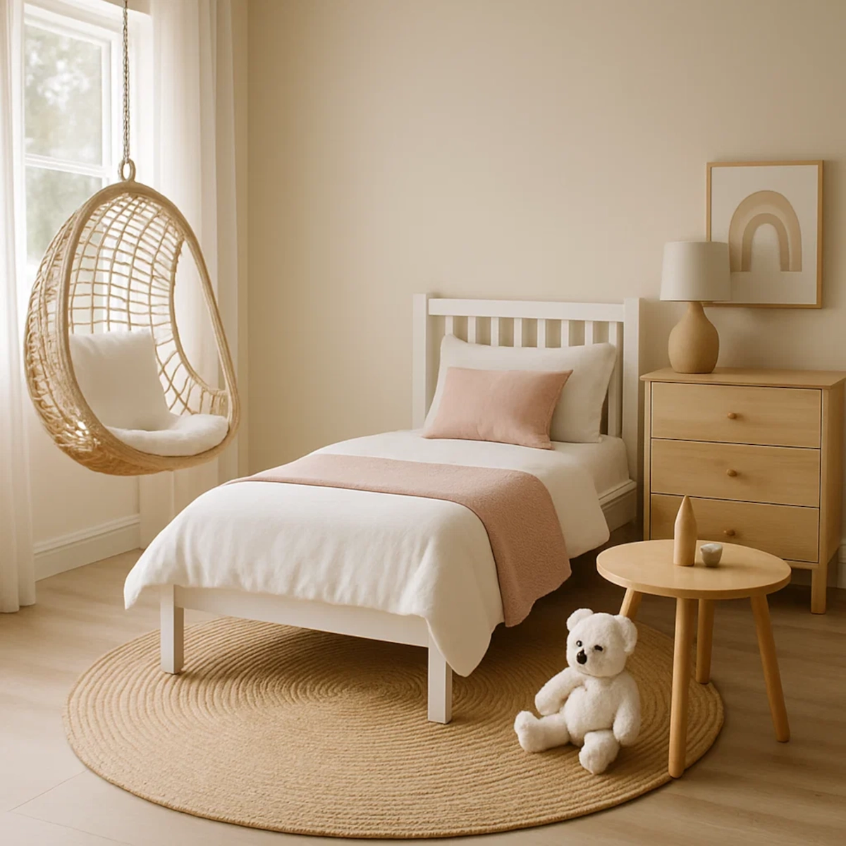 Chambre d'enfant avec un lit simple et un tapis rond tissé placé sous un fauteuil suspendu et une table d'appoint.