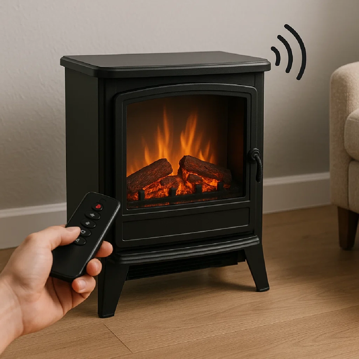 Télécommande pointée vers un foyer électrique avec une icône de signal indiquant une commande ou une alerte.