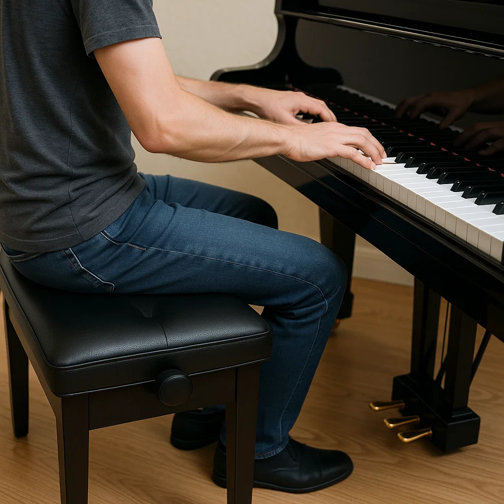 Femme jouant du piano assise sur une chaise en bois.
