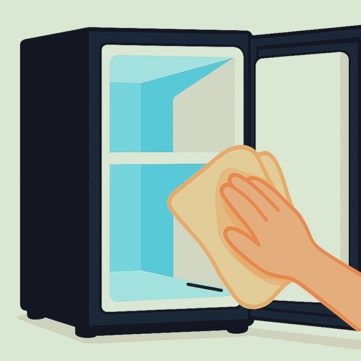 Essuyage à la main de l'intérieur d'un mini-frigo avec un chiffon.