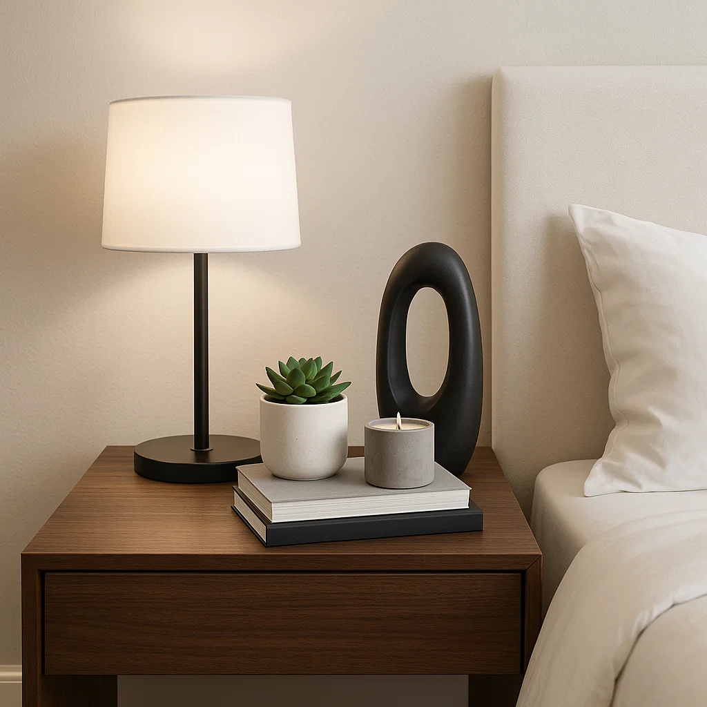 Table de chevet avec une lampe, des livres, une plante, une bougie et une sculpture.