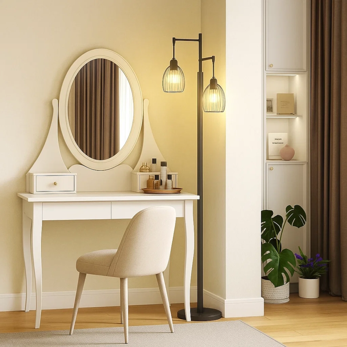 Lampadaire noir à côté d'une coiffeuse blanche avec un miroir rond et une chaise beige.