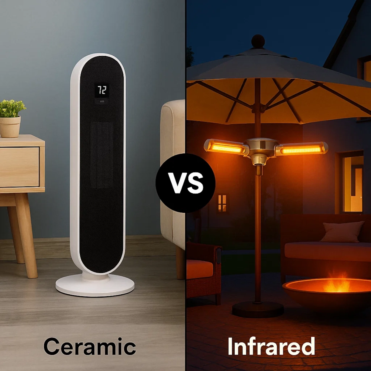Vue comparative côte à côte du chauffage d'intérieur en céramique et du chauffage de terrasse infrarouge.