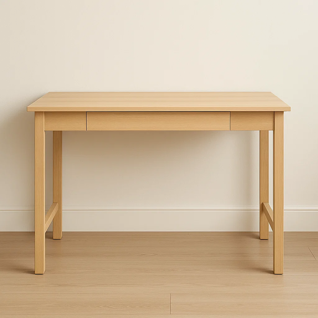 Bureau en bois avec surface plate, base idéale pour une transformation en coiffeuse.