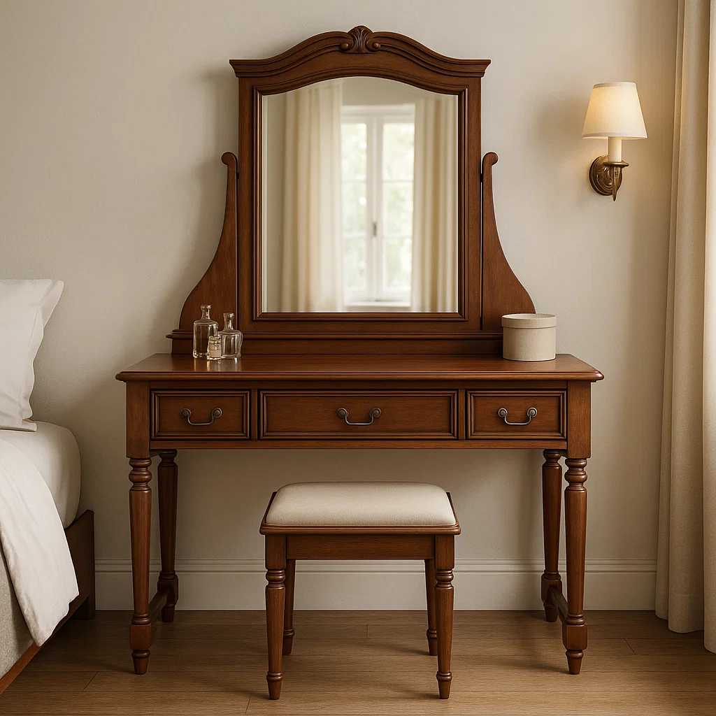 Coiffeuse traditionnelle en bois avec miroir, tiroirs et tabouret rembourré dans une chambre chaleureuse.