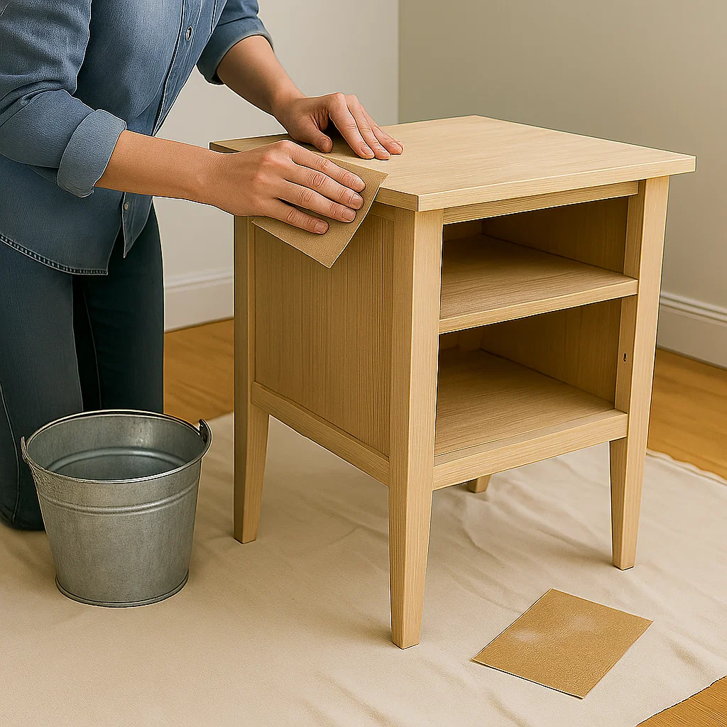 Personne ponçant une table de chevet en bois avec du papier de verre pour préparer une surface lisse pour la peinture.