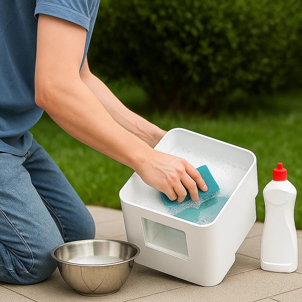 Lavage du réservoir d'eau du déshumidificateur avec une éponge et du savon.