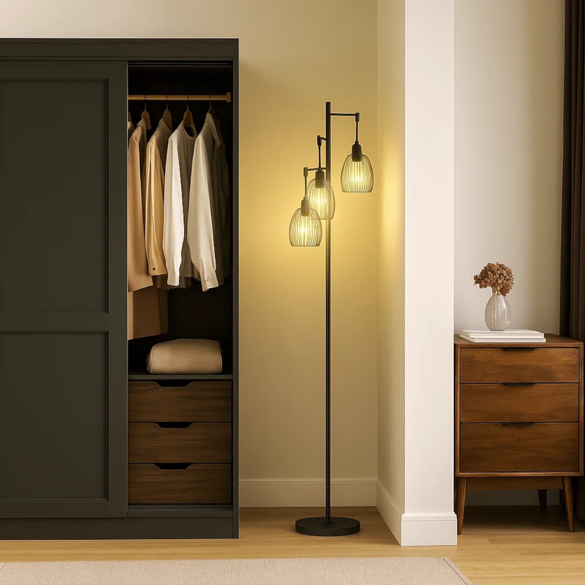 Lampadaire positionné près d'une armoire ouverte avec des vêtements suspendus et des tiroirs en bois.