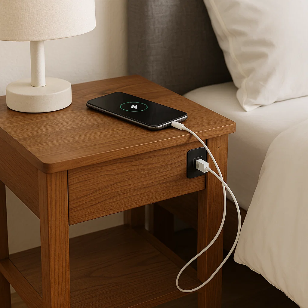 Table de chevet en bois avec port de chargement USB intégré et un téléphone posé dessus, près du lit.