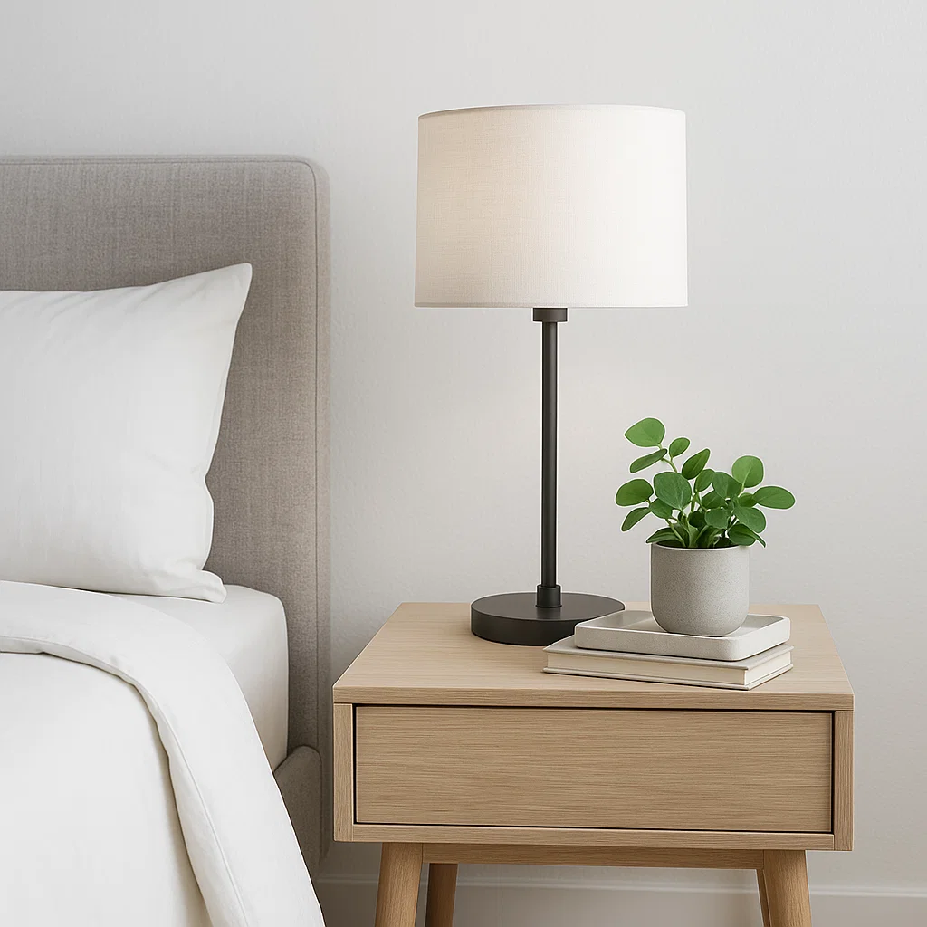 Table de chevet minimaliste avec lampe, plante et livres empilés.