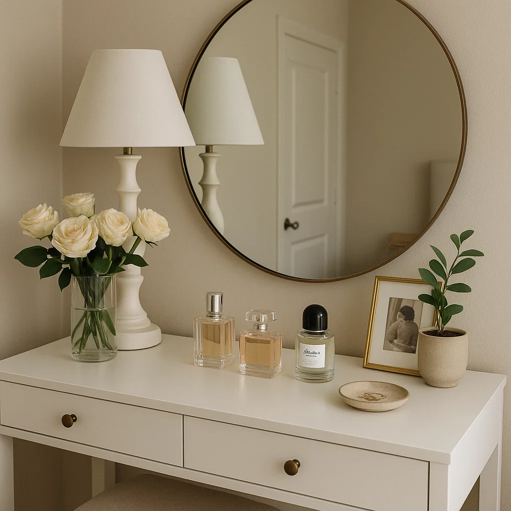 Coiffeuse minimaliste avec un miroir rond et doré et une lampe à côté d'un vase de roses blanches.